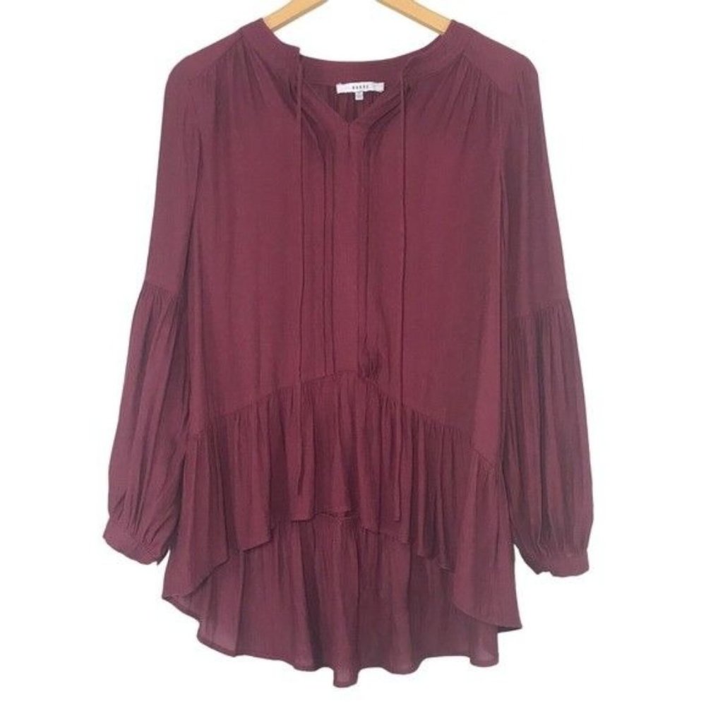 Ro & De Pleated Ruffle High Low Blouse Burgundy Size XS